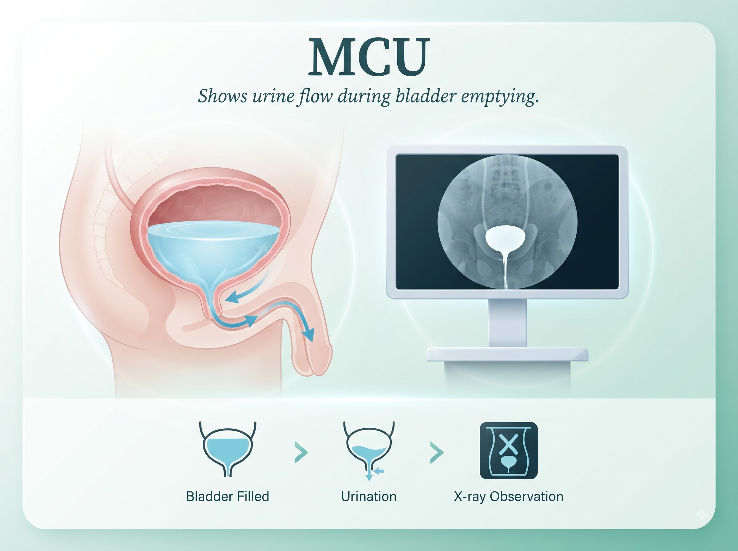 MCU (micturating cystourethrogram) shows the bladder and urethra on X-ray while the patient is passing urine